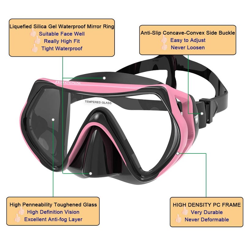WACOOL Professional Snorkeling Snorkel Diving Scuba Package Set with Anti-Fog Coated Glass Purge Valve and Anti-Splash Silicon Mouth Piece for Men Women (Adults,Black+Pink) - Image 5